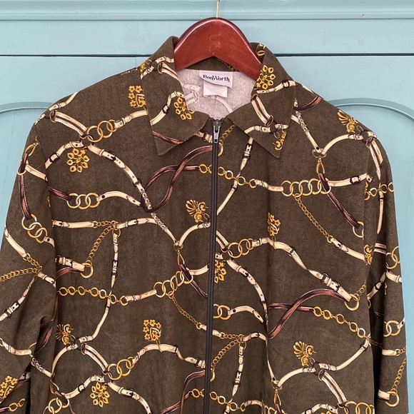 VTG BonWorth Equestrian Print Jacket. L/XL P. Green with Gold & Brown Print - Picture 2 of 11